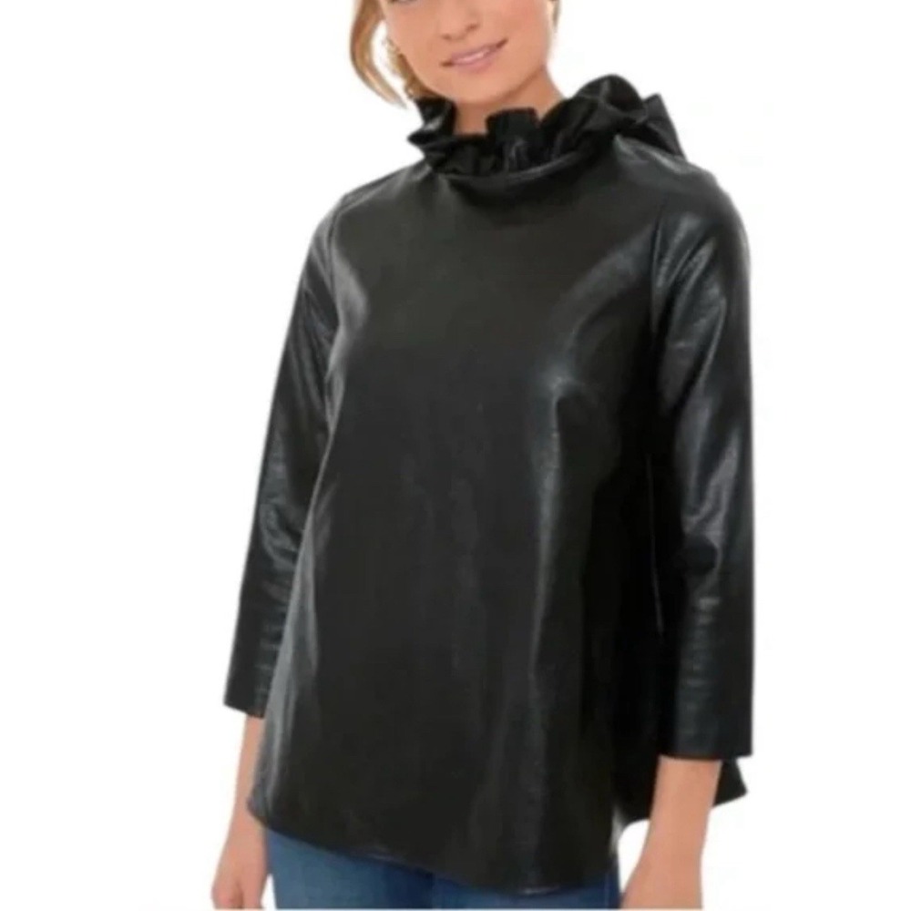Tuckernuck Black Faux Leather Ruffle Neck Bow‎ Back Top Small